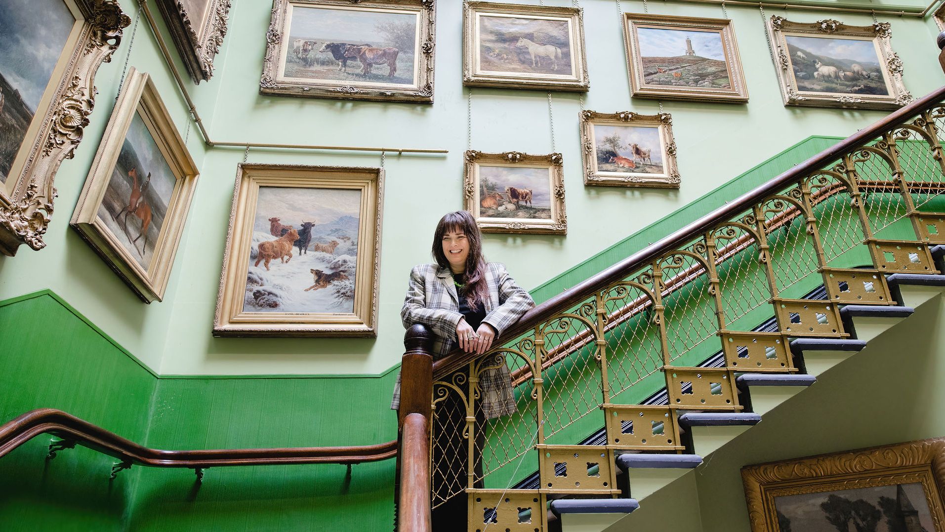 Rebecca Johnson at the stairwell gallery at Blackburn Museum & Art Gallery, c. Christina Davies, Fish2Photo.