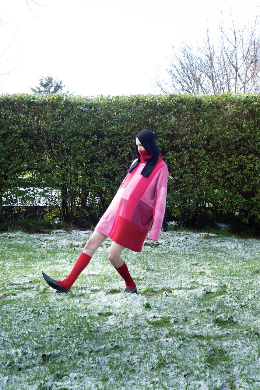 Angy Young Convert Fashion Project, Model in pink sweater dress, image credit Sally Sharpe.