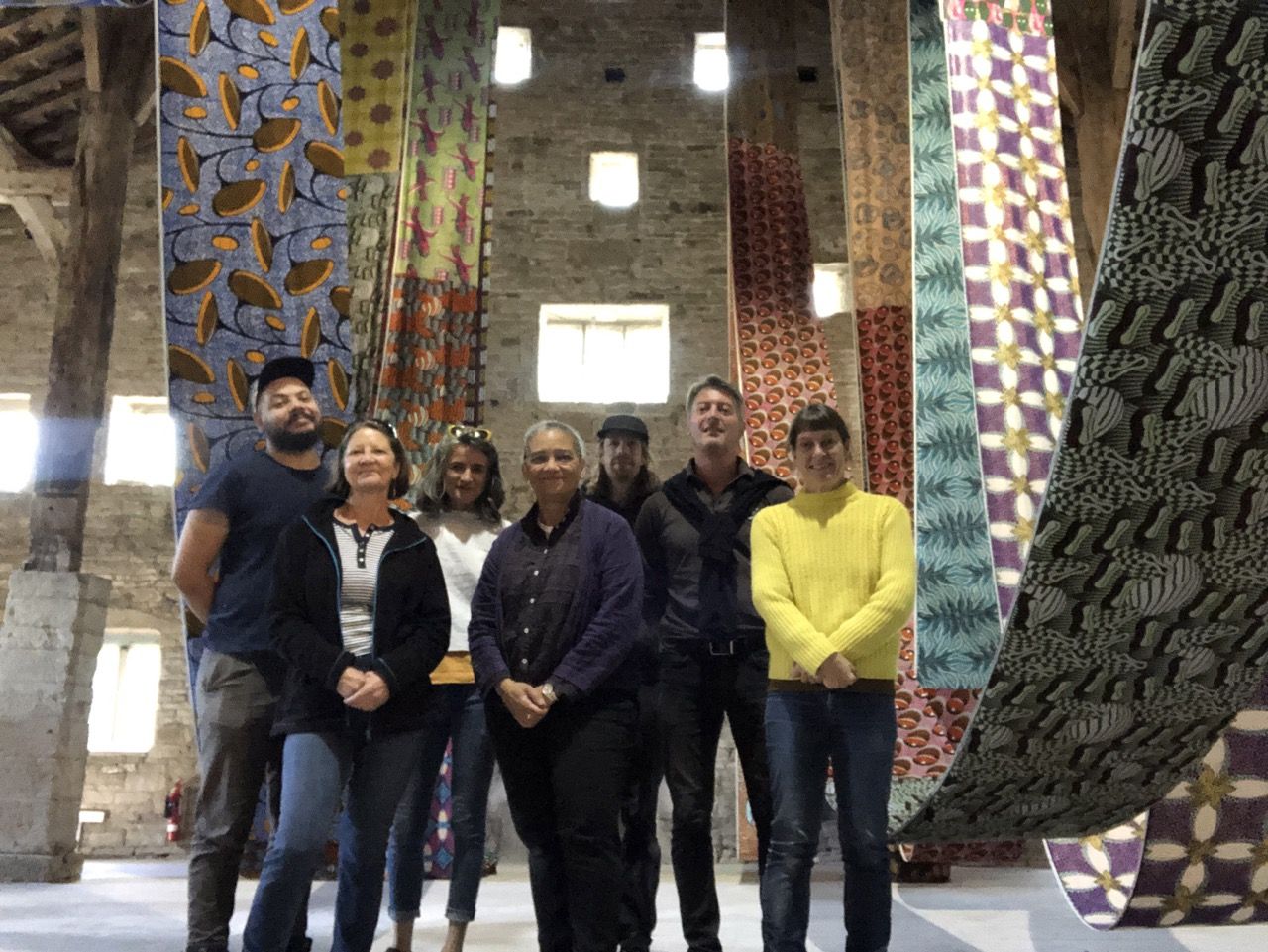 Jackie Jones with Lubaina Himid and some of the BTB Team -  Lost Threads - The Great Barn, Gawthorpe Hall Lubaina Himid - British Textile Biennial 2021