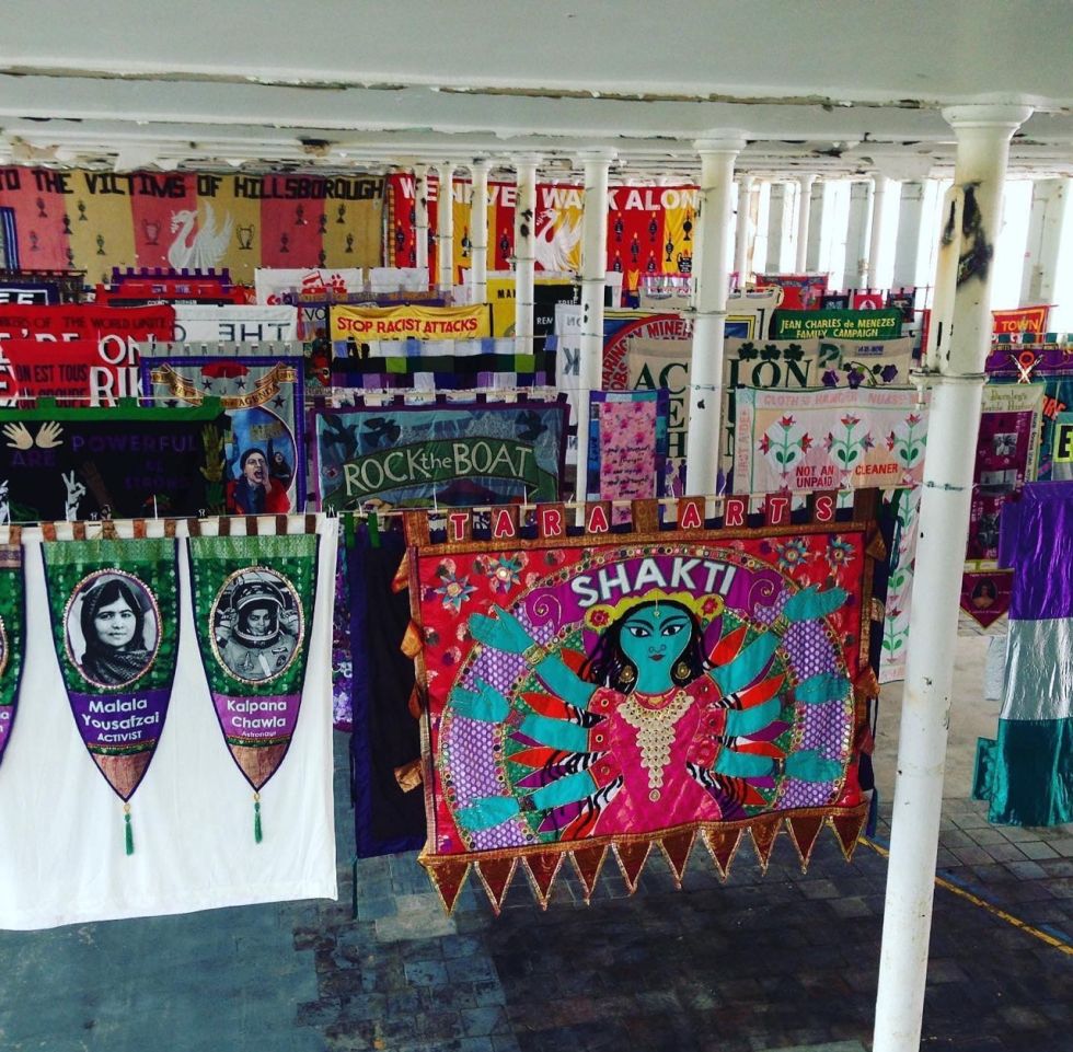 Embroidered banner display from Banner Culture - Brierfield Mill - British Textile Biennial 2019 Super Slow Way. Photo by Philippe Handford.