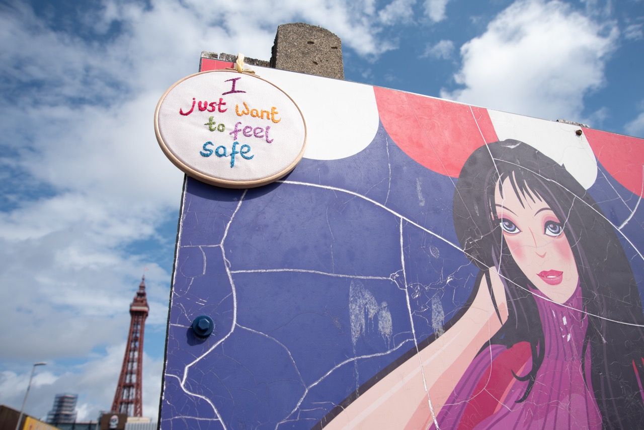 Embroidered message "I just want to feel safe" by Catherine Mugonyi. Photo by Claire Griffiths.