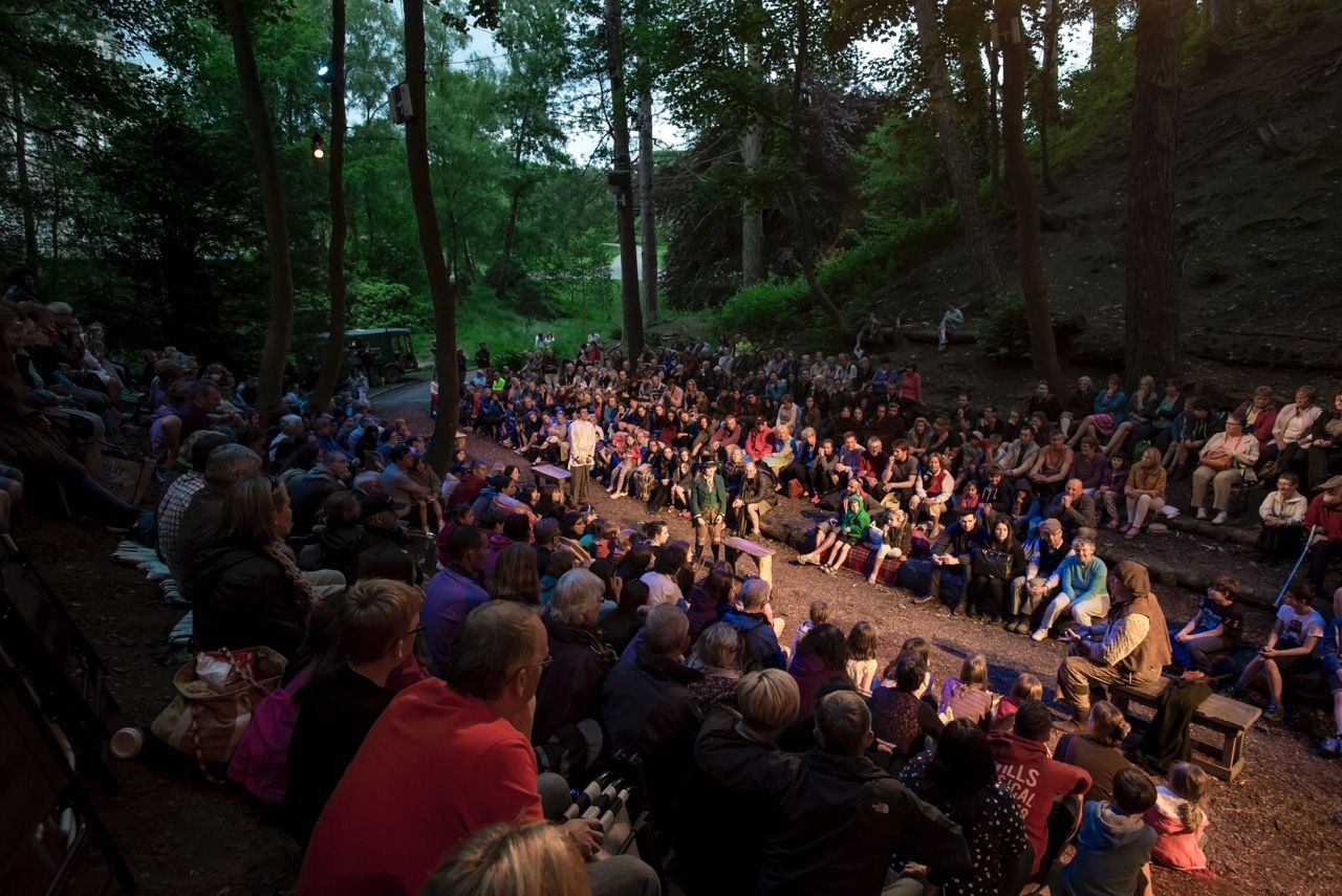 Audience gathered outdoors for The Dukes Play in the Park at Williamson Park. Photography Oliver Hires.
