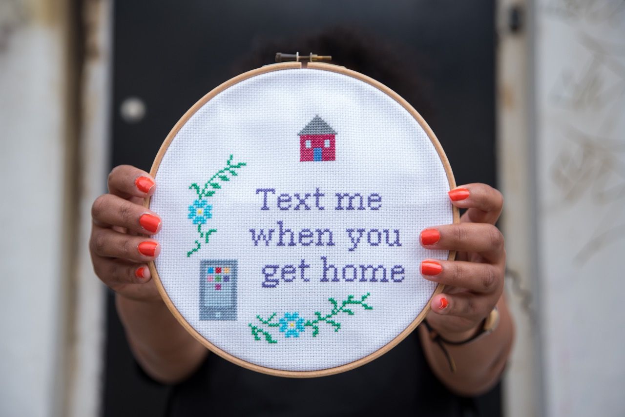 Catherine Mugonyi, embroidered activist art "Text Me When You Get Home" by Louise Ashcroft. Image by Claire Griffiths