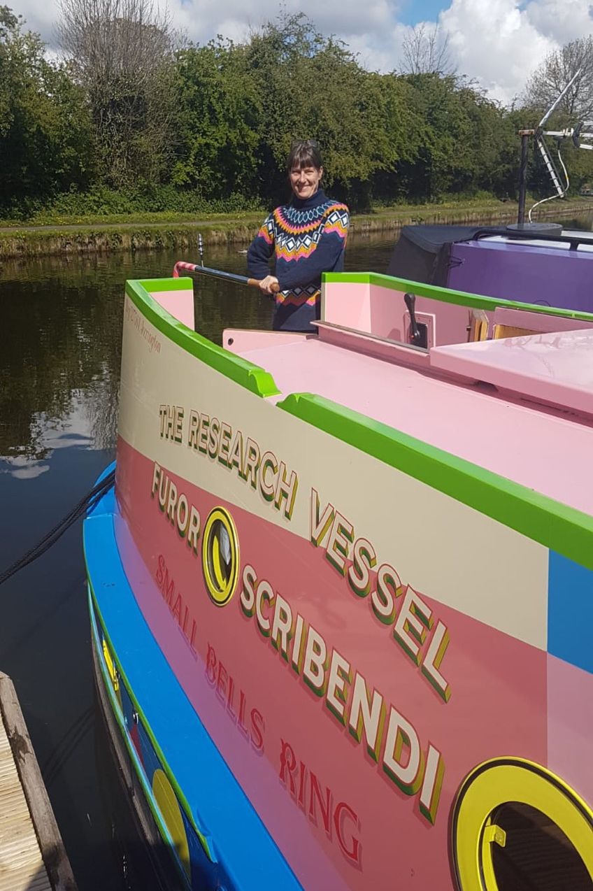 Jackie Jones on board the Furor Scribendi - Small Bells Ring Project - Leeds Liverpool Canal -  Super Slow Way 2021